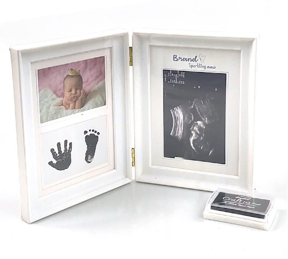 Baby Scan Sonogram Picture Frame Newborn Triple Ultrasound Photo Frame Baby Monthly Growth Milestone Picture Frame Memorable Handprint Frame Pregnancy Keepsake New Parents Gift Box Decorations (White)