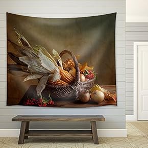 Still Life Autumn Concept Image with Vegetables and Wicker Basket - Fabric Wall Tapestry Home Decor - 51x60 inches