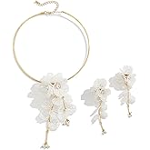 Pretty Acrylic Flowers Tassel Open Choker Necklace Metal Circle Necklace with Floral Pendant and Large Floral Earrings Set,Unique Designer Fancy Collar Necklace,Boho Statement African Jewelry