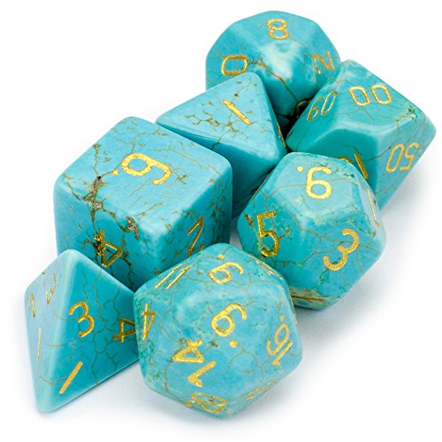 Wiz Dice Set of 7 Handmade Stone 16mm Polyhedral Dice with Velvet Pouch by (Turquoise Magnesite)
