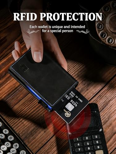 Men's RFID Blocking Anti-Theft Pop Up Wallet, Genuine Leather Slim Bifold Card Holder, Magnetic Closure, YKK Coin Pocket, ID Window, Holds 8-10 Cards or Bills, 5+ Coins, Travel Premium Gift for Men