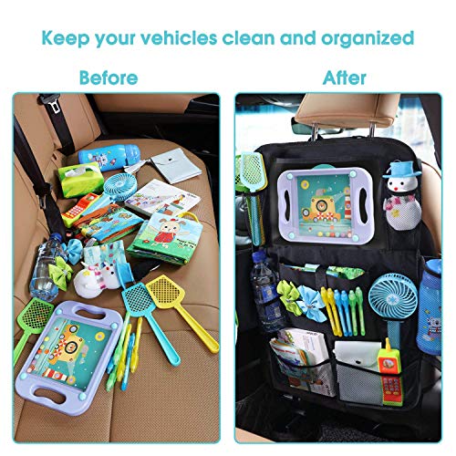Car Back Seat Organizer - Universal Car Seat Back Protectors Kick Mats with 12 Storage Pockets Touchable Tablet Holder for Kids Baby vehicle organizer, 2 Pack Car Seat Organizers+ 2 Car Headrest Hook