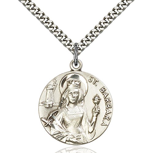 Sterling Silver St. Barbara Pendant 1 x 7/8 inches with Heavy Curb Chain