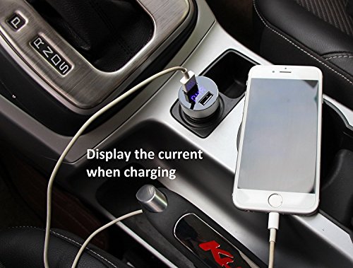 eLUUGIE Dual USB Car Charger,LED Display Voltage and Current for Apple iPhone,iPad,Samsung Galaxy /S Series&Edge Models;LG,Google Nexus,Other iOS and Android Devices Car Charger with Cable (Silver)