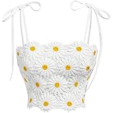 WDIRARA Women's Boho Daisy Floral Guipure Crop Top 3D Flower Tie Shoulder Square Neck Cute Cami Top