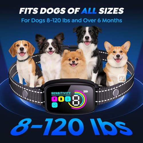 Dog Bark Collar for Large Medium Small Dogs,Smart Anti Barking Device with 4 Training Modes,Rechargeable IP67 Waterproof Barking Collar with 8 Adjustable Sensitivity (Black)