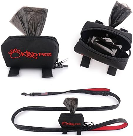 Double Handle Neoprene Dog Leash in red pr black by Kiko Pets with Padded Handles for Traffic Lead and Great Control with Heavy Duty stitching, BONUS Dog Poop Bag Holder with 100 Bags