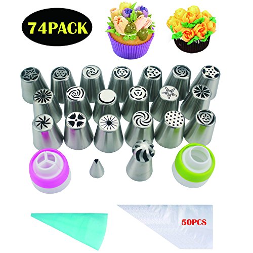 Russian Piping Tips Set GEJULIC 74 Piece Cupcake & Cake Decorating Supplies Kit 19 Icing Frosting Nozzles 1 Leaf Tip 1 Sphere Ball Tip 1 Single Coupler 1 Tricolor Coupler 50 Disposable Pastry Bags 1 Reusable Silicone Pastry Bag - Thumbnail 7