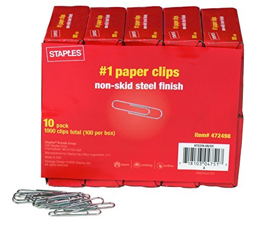 Staples #1 size paper clips, nonskid, 1,000/pack