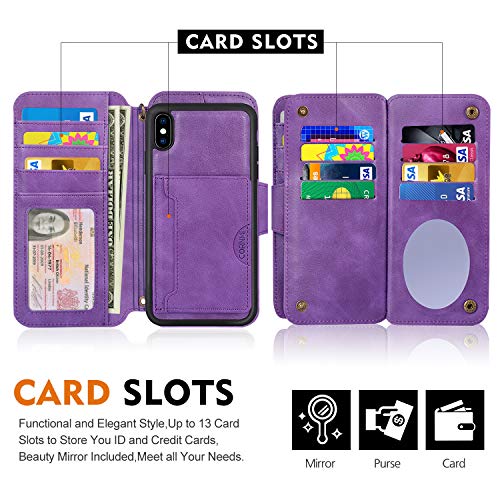 Cornmi Compatible for iPhone Xs max Wallet Case,Detachable Wallet Leather Cover 13 Card Slots Wristlet and Shoulder Strap Handbag Purse Flip Stand Slim Mirror case Compatible with iPhone Xs max 6.5in - Thumbnail 2