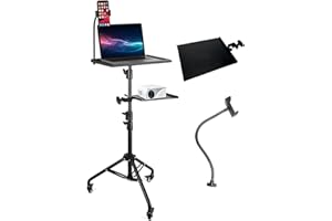 Projector Tripod Stand with Wheels, Adjustable Height Laptop Tripod Stand Treadmill Laptop Stand with 2 Shelves Mouse Tray Ph