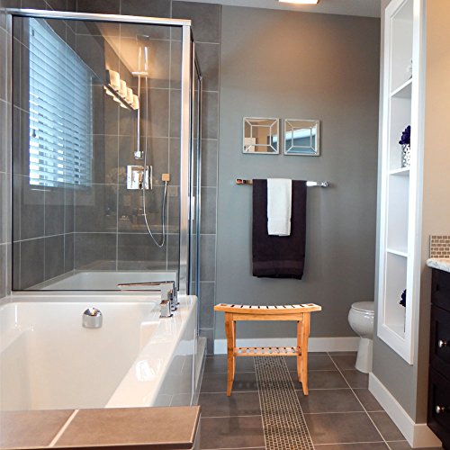 SMAGREHO Bamboo Shower Seat Bench Bathroom Spa Bath Organizer Stool with 2-Tier Storage Shelf