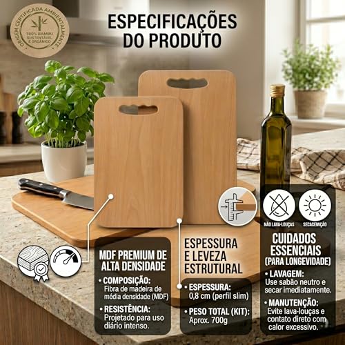 Kit 2 Tábuas de Corte em MDF Alta Densidade com Alça 39,5x23,5cm e 33,5x23,5cm