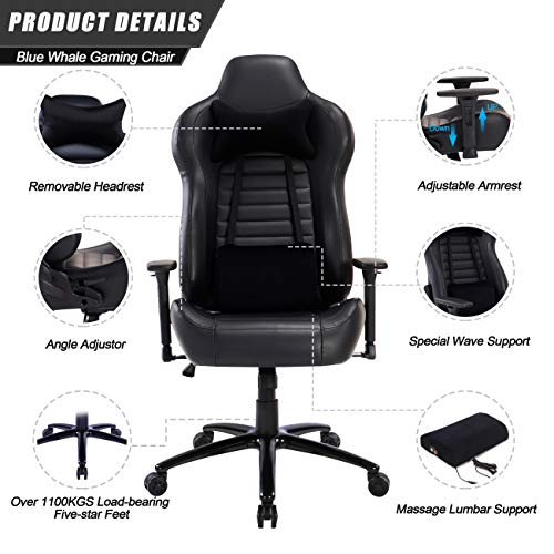 Blue Whale Massage Gaming Office Chair - Metal Base and Special Wave Support,High Back Reclining Racing Game Computer Desk Chair,Ergonomic Leather Executive Chair with Headrest and Lumbar Pillow 8301