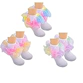 Hopply Toddler Girls Double Lace Socks Turn Cuff Shimmering Big Ruffle Rainbow Style Dress Lace Socks for Infant Kids