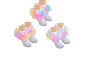 Hopply Toddler Girls Double Lace Socks Turn Cuff Shimmering Big Ruffle Rainbow Style Dress Lace Socks for Infant Kids