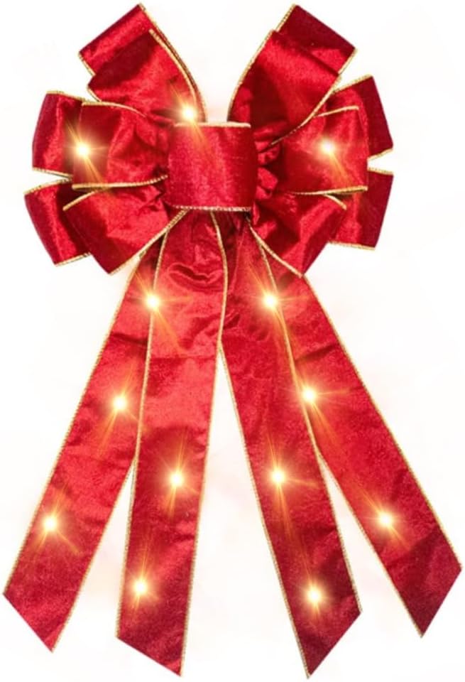 Bows & Ribbons - Hying Large LED Christmas Bows for Wreath, LED Merry Christmas Wreath Bow Red Velvet Bows with LED Lights Xmas Holiday Tree Topper Bows for Front Door New Year Christmas Party Decoration Supplies