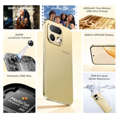 realme 16 Pro 5G Smartphone 8+256GB, Master Gold, MediaTek Dimensity 7300 Max, 6.78 Inches 144 Hz AMOLED, 200MP OIS Rear Camera, 50MP Front Selfie, 6500mAh Battery, 80W Ultra Charge, NFC,eSIM, IP69