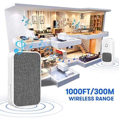 2021 Wireless Doorbell, Remote Door Bell Ringer Chimes Kit Operating Range at 1000 FT, ESMAVO Portable Doorbell with 1 Plug-in Receiver and 1 Waterproof Push Button, 58 Melodies & LED Flash