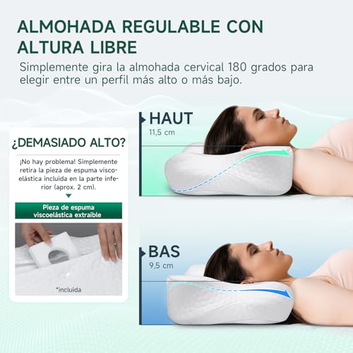 TESQ 2 in 1 Ergonomic Cervical Memory Pillow, Superior Comfort for Side and Back Sleeping, Adjustable Height, 50% Nylon, 50% Polyester, Washable, 60 x 40 x 9 cm