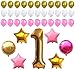 SMILENZA First Birthday Decoration - Pink White Gold Balloons Kit, Perfect for 1st Bday Party Supplies, Girl or Boy, Number One 1, Latex Stars and Round Ballon