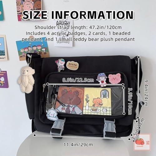 MILLEVIBE Kawaii Crossbody Ita Bag for Women with Pin & Plush Bear - Japanese Messenger Bags Y2K Shoulder Purse