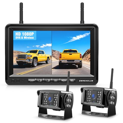 Digital Reversing Camera Wireless Set, 7 Inch HD LCD Monitor + Dual Cameras, IP69K Waterproof Reversing Camera, Radio, Night Vision, Wireless Parking Aid, Loop Recording, for Trucks, Caravans, Trailers