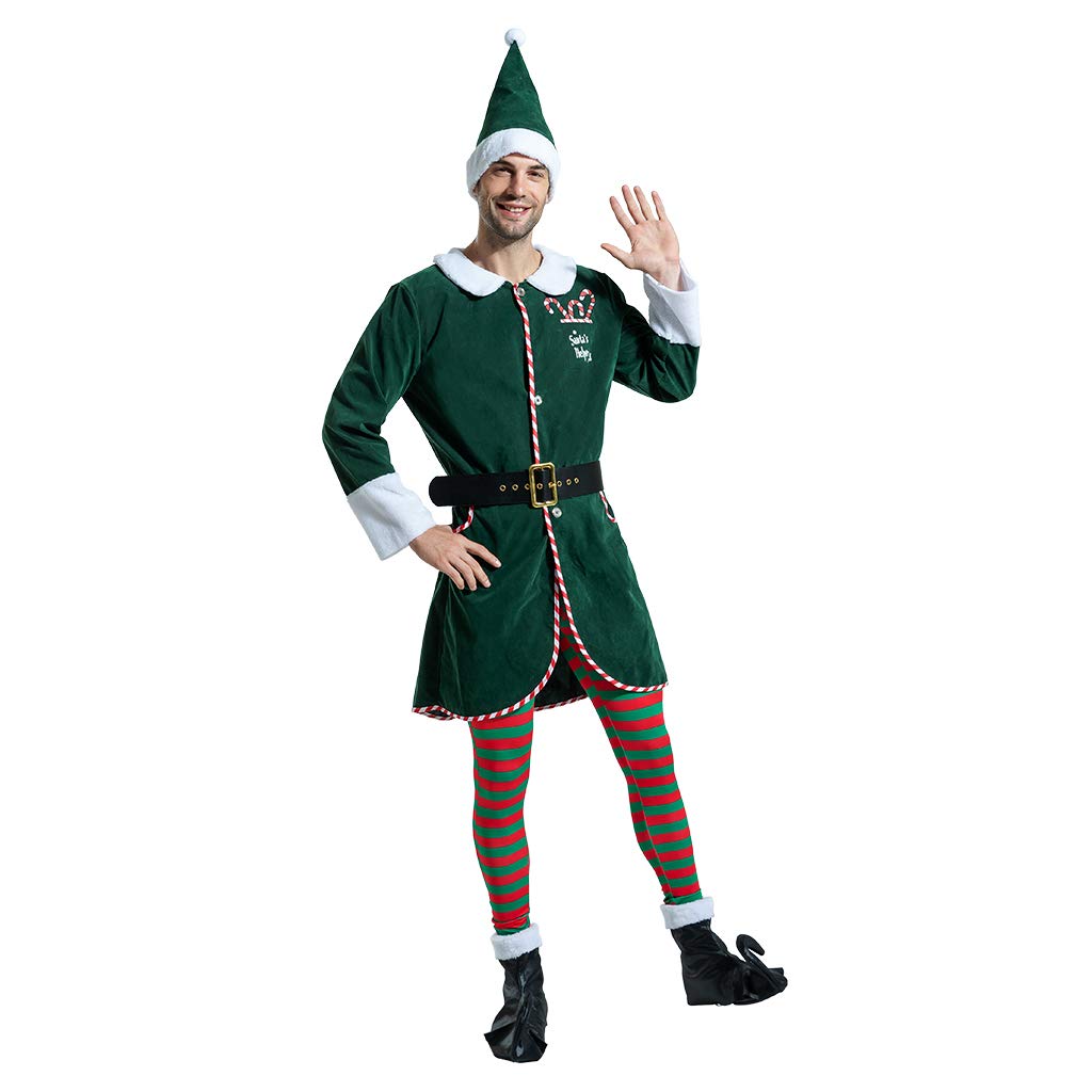 EraSpooky Men Santa Elf Costumes Adult Christmas Claus Suit Fancy Dress Outfit