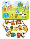 Jumbo Lacing & Stringing Wooden Beads Animals with String Packaged with Metal Box | Montessori Toddler Preschool Fine Motor Skills Toys for Occupational Therapy and Autism OT