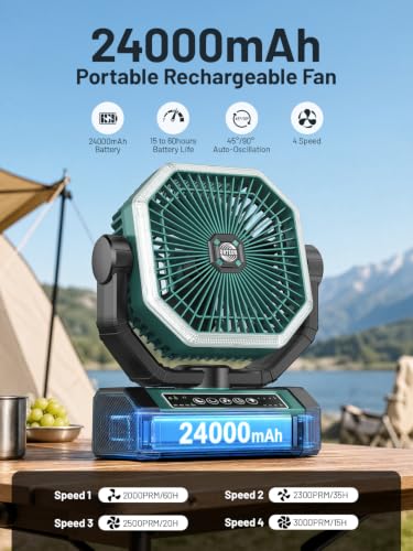 Portable Rechargeable Fan - 9-Inch Camping Fan for Tent, 24000mAh(60Hrs) Battery Operated Fan for Camping, Auto Oscillation Cordless Fans, Tent Fan with Remote/Light, 4 Speeds, 4 Timing, Outdoor