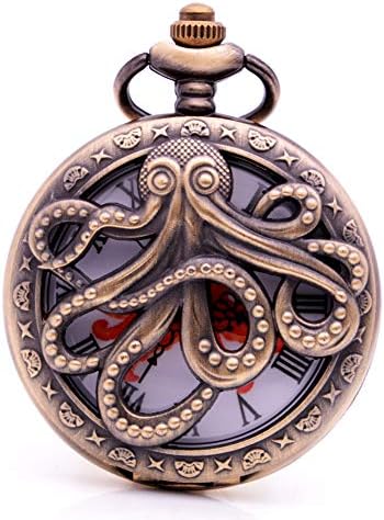 Vintage Bronze Octopus Quartz Pocket Watch with Chain, Mens Pocket Watch Gift Ideal for Birthday, Christmas Gift with Box