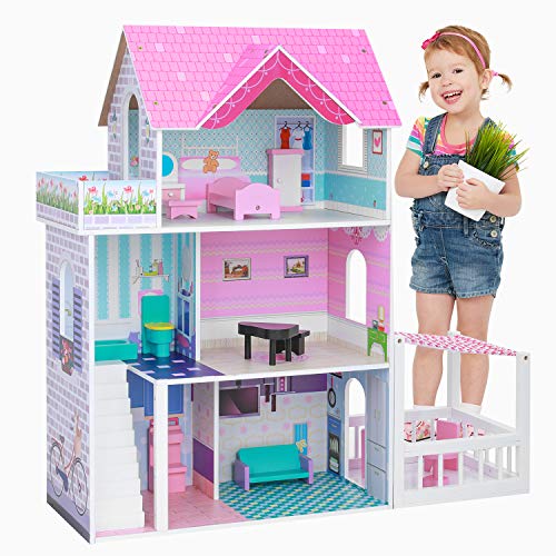 BABLE Wooden Dollhouse with Furniture Pieces,Pretend Play Toy House for Little Girls(3-9 Years Old),Furnished Dollhouse Kit for Small Place, Modern Dollhouse with Accessories, 34 x12 x34 in,Pink
