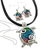 DianaL Boutique Colorful Enameled Sea Turtle Pendant Necklace and Earrings Set on Black Cord with Free 18