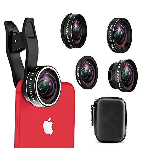 Cell Phone Camera Lens, 5 in 1 iPhone Camera Lens Kit with Fisheye Lens+15X Macro Lens+ 0.6X Wide Angle Lens+ 2X Telephoto lens and CPL Lens Clip On Lenses for iPhone 8/7/6/5/4 and Samsung Smartphone