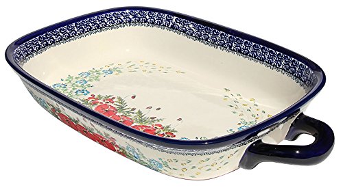 Click Here to See More Images Polish Pottery Baking Dish with Handles From Zaklady Ceramiczne Boleslawiec #1345-237 Art Signature Unikat Pattern, Depth: 2.5