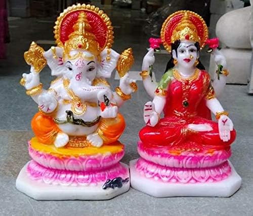 Marble Deepawali Marble Laxmi Ganesh Ji With Choki | Home Decor|Marble Handicrafts|Meenakari Work|Handwork|Handpainted|Makrana|Sangemarmar Marble|Traditional|Decorative|Gift item|Showpiece|Heritage|Royal|Wedding return Gift | Deepawali Pooja Accessory | Pooja Accessory | Ganesh And Laxmi Marble Murti