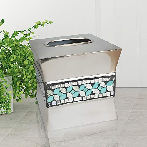 nu steel SF9H Sea Foam Collection Curved Shape Paper Facial Tissue Box Holder for Bathroom Vanity Countertops, Bedroom Dressers, Nightstands, Desks and Tables, Glass Mosaic with Aqua Finis - Thumbnail 2