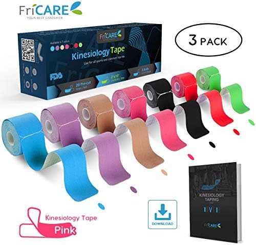 FriCARE Pre-Cut Kinesiology Sport Tape (3 Roll Pack), X Y I Shape, 17ft Athletic Kinetic Strip Aid, Breathable, Water Resistant, Pain Relief Adhesive for Muscles, Shin Splints, Knee&Shoulder (Pink)