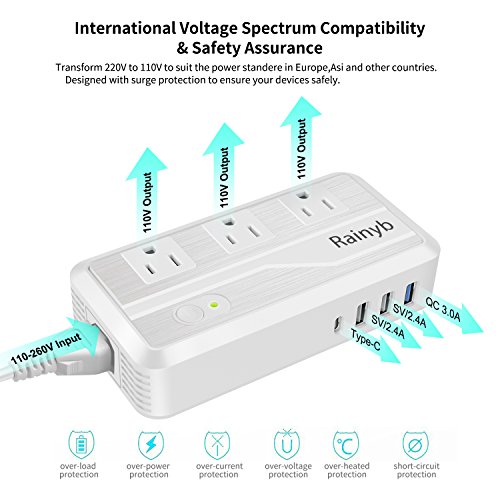 Universal Travel Adapter,Rainyb 2300W Power Converter 220v to 110v Voltage Converter with 8A 3-Port USB Charging &Type-C and UK/AU/US/EU Worldwide Plug Adapter,Converter for Hair Dryer (White)