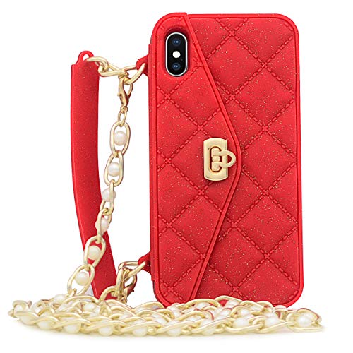 Omio for iPhone XR Handbag Case with Card Holder Wrist Lanyard Soft Silicone Shell for iPhone XR Wallet Case for Women with Strap Shockproof Drop Protection Noble Luxury Cover for iPhone XR Case Red