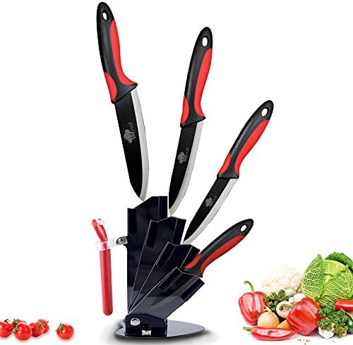 MYVIT Ceramic Knives Black Blade with Sheaths 5 Pieces with Color Handle 3 Inch 4 Inch 5 Inch 6 Inch Ceramic Knife and Peeler and Holder (Black &amp; Red)