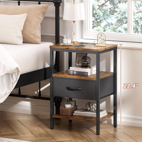 KAPEICamper Nightstand with Charging Station, Bed Side Table with Adjustable Fabric Drawer, Night Stand for Bedroom, 3-Tier Storage End Table, for Living Room, Rustic Brown and Black