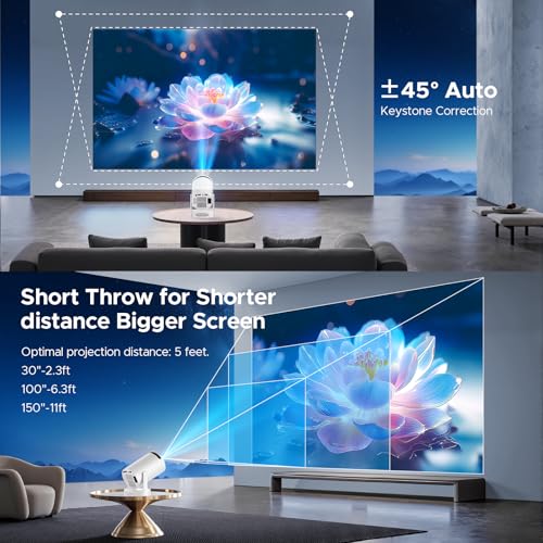 Mini Projector, Short Throw Projector Support 4K WiFi 6 Android TV 11.0, Portable Bluetooth Projectors with Auto Keystone, 220° Rotation, Built-in Speaker for Bedroom Home Theater Outdoor Movies