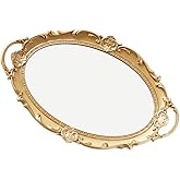 VALICLUD European Style Mirror Tray 15.4X9.6 Inch Gold Cosmetic Storage Organizer Perfume Display Plate for Vanity Table Home and Party Decor