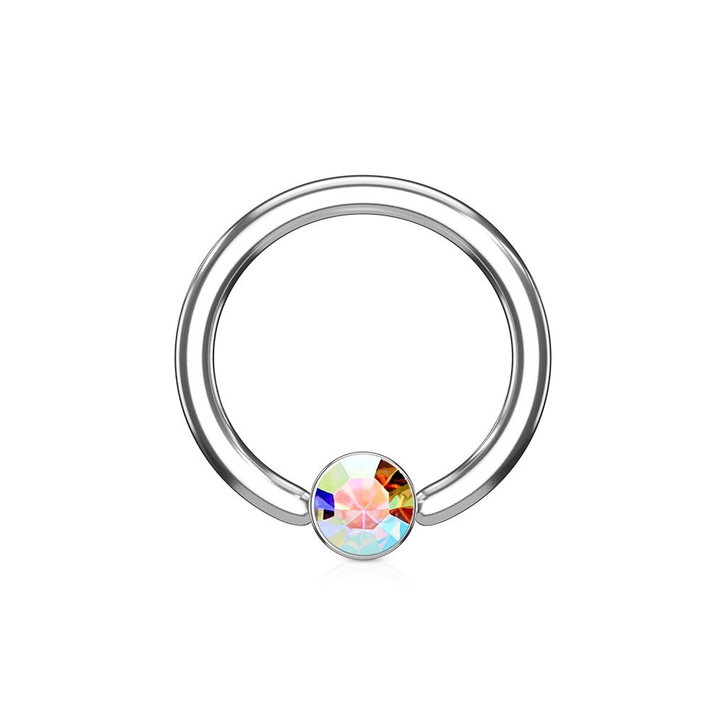 PiercedOff 316L Surgical Steel 1.2mm BCR with Round Flat 4mm Aurora Borealis CZ Ball - Ring Size 10mm