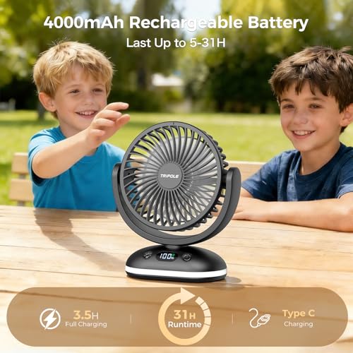 TriPole 4000 mAh Table Fan Battery, 31H Running Time, Mini Fan with LED Display, 4 Levels USB Fan Quiet, Small Portable, Adjustable for Office, Bedroom, Camping, Black