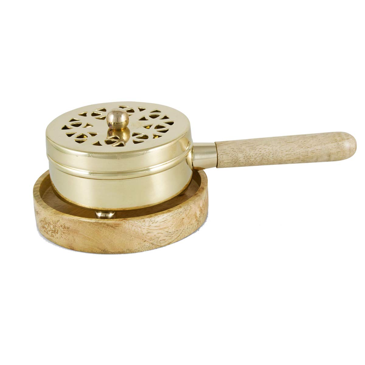 NKLaus Incense Pan Brass golg with Wooden Coaster Incense Tree Resins Herbs 2217