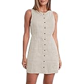Amazhiyu Women's 100% Linen Button Down Mini Tank Dresses Sleeveless Summer