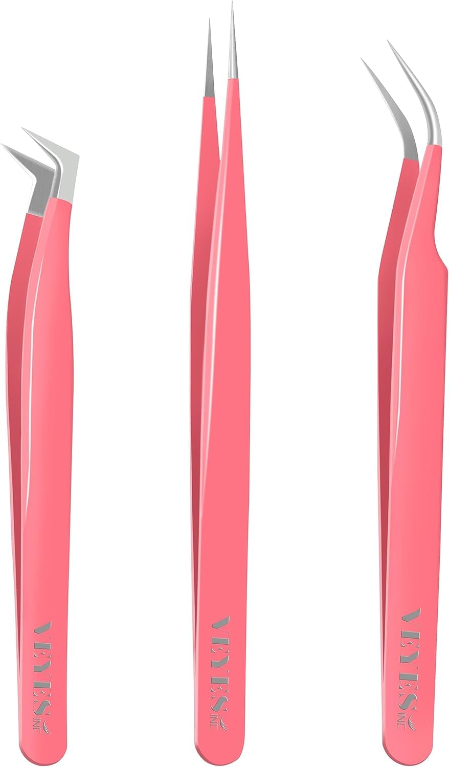 VEYES INC Lash Tweezers for Eyelash Extensions Fiber Tip Pink Tweezers Kit（3pcs Contains Isolation,Curved and Volume Lash