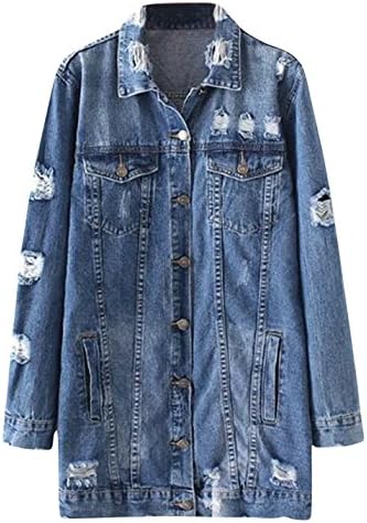 CLJJ7 Women's Casual Laple Long Sleeve Ripped BF Denim Jean Jaket Coat (Medium, Blue)